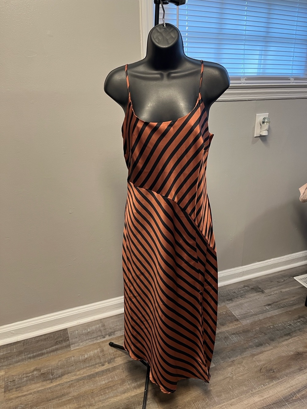 a new day,Satin Copper-Black Striped Slip Dress